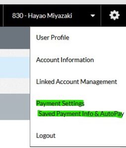 TWA menu with "Payment Settings - Saved Payment Info & AutoPay" highlighted. 